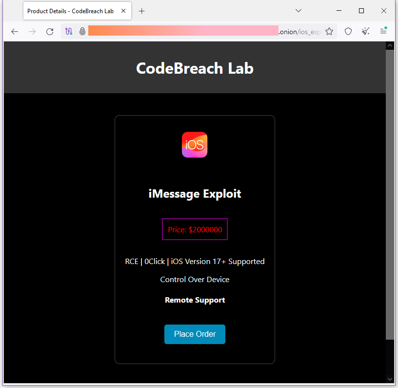 Screenshot of the dark web page advertising the supposed exploit