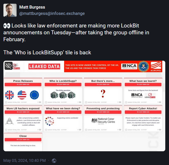 Mastodon post from Wired reporter Matt Burgess about the new posts on the old LockBit sites