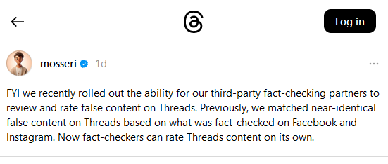 Threads post from Adam Mosseri