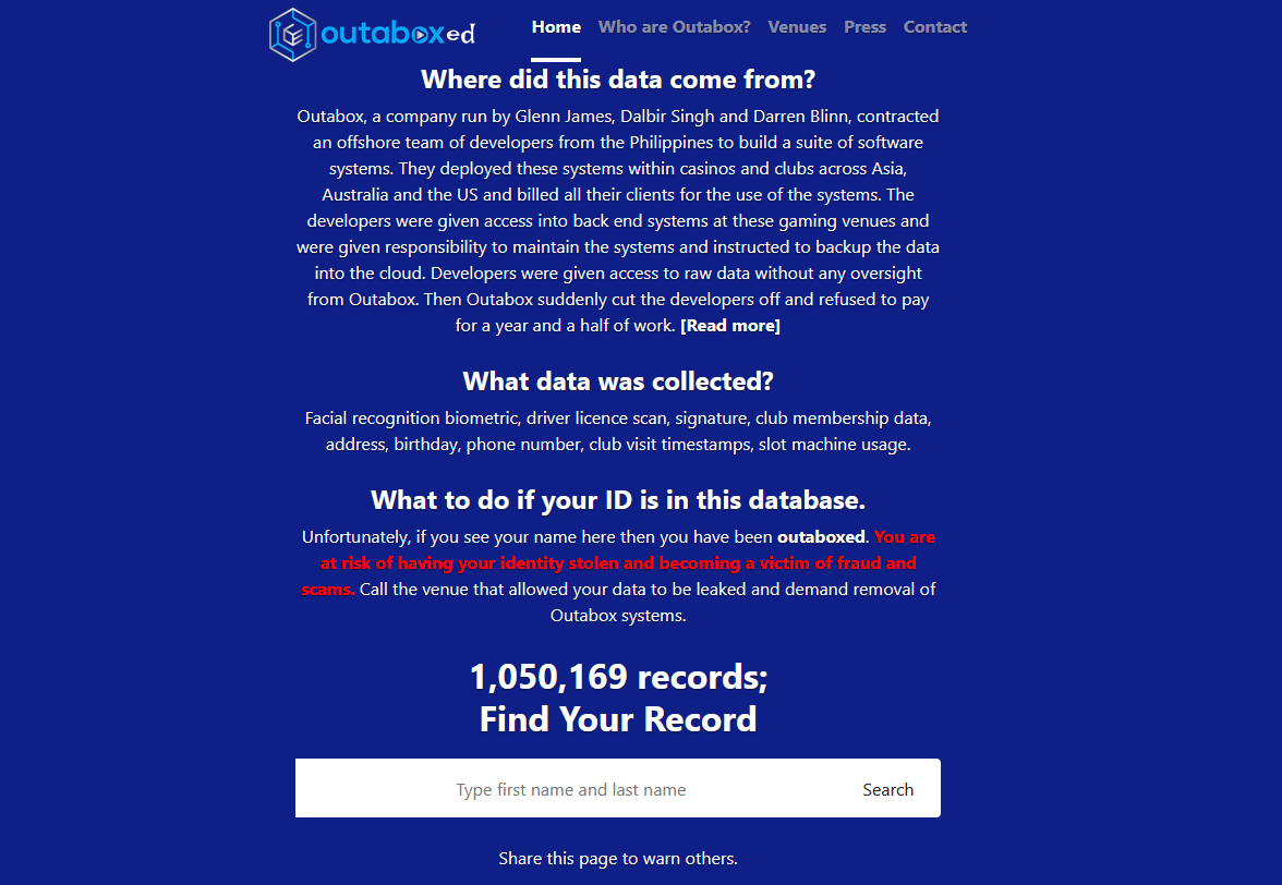 Screenshot of the Outaboxed website