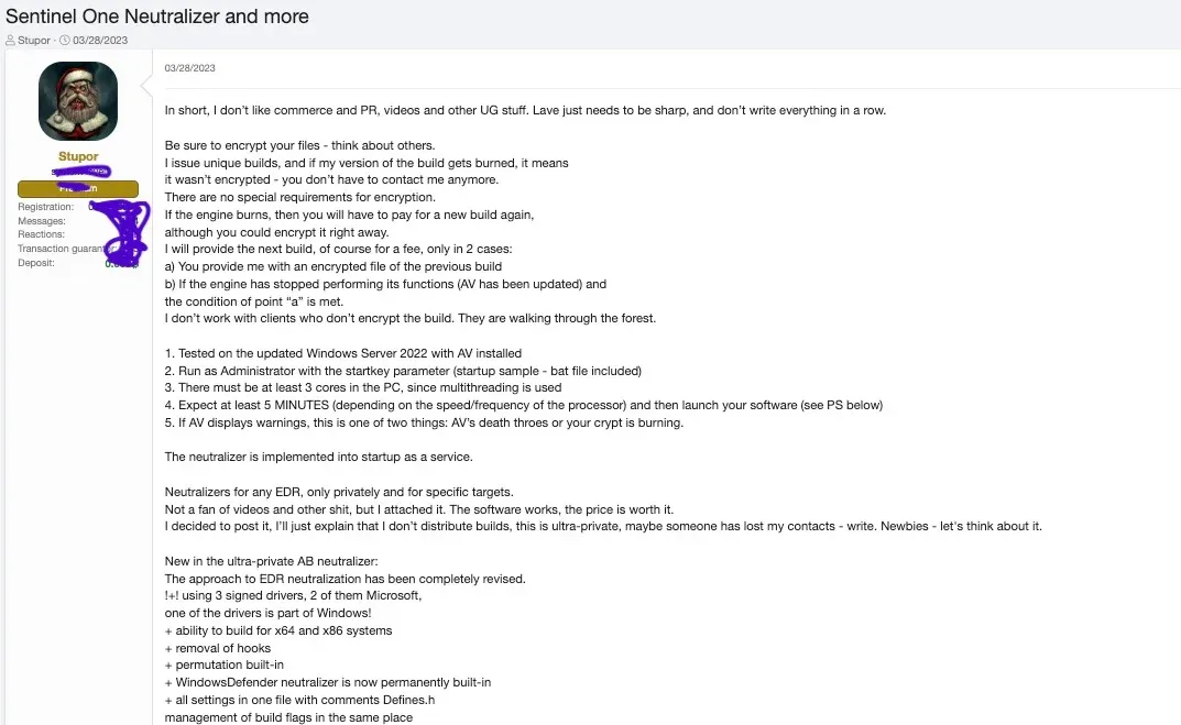Hacker forum post advertising the AvNeutralizer toolkit