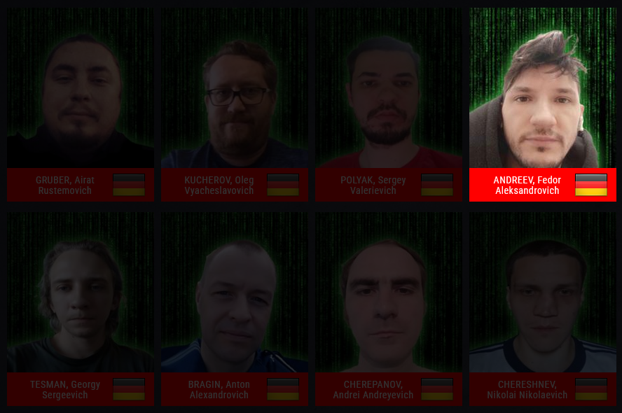 Most wanted poster for the TrickBot gang, with Fedor Andreev in the top-right corner
