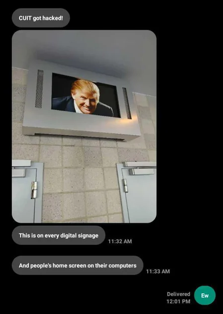 Conversation between two Columbia students showing a defaced screen with Donald Trump's face on it