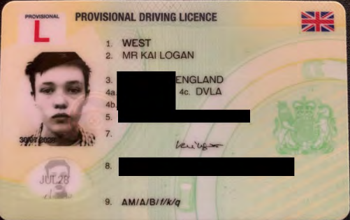 Scan of Kai West's driving license