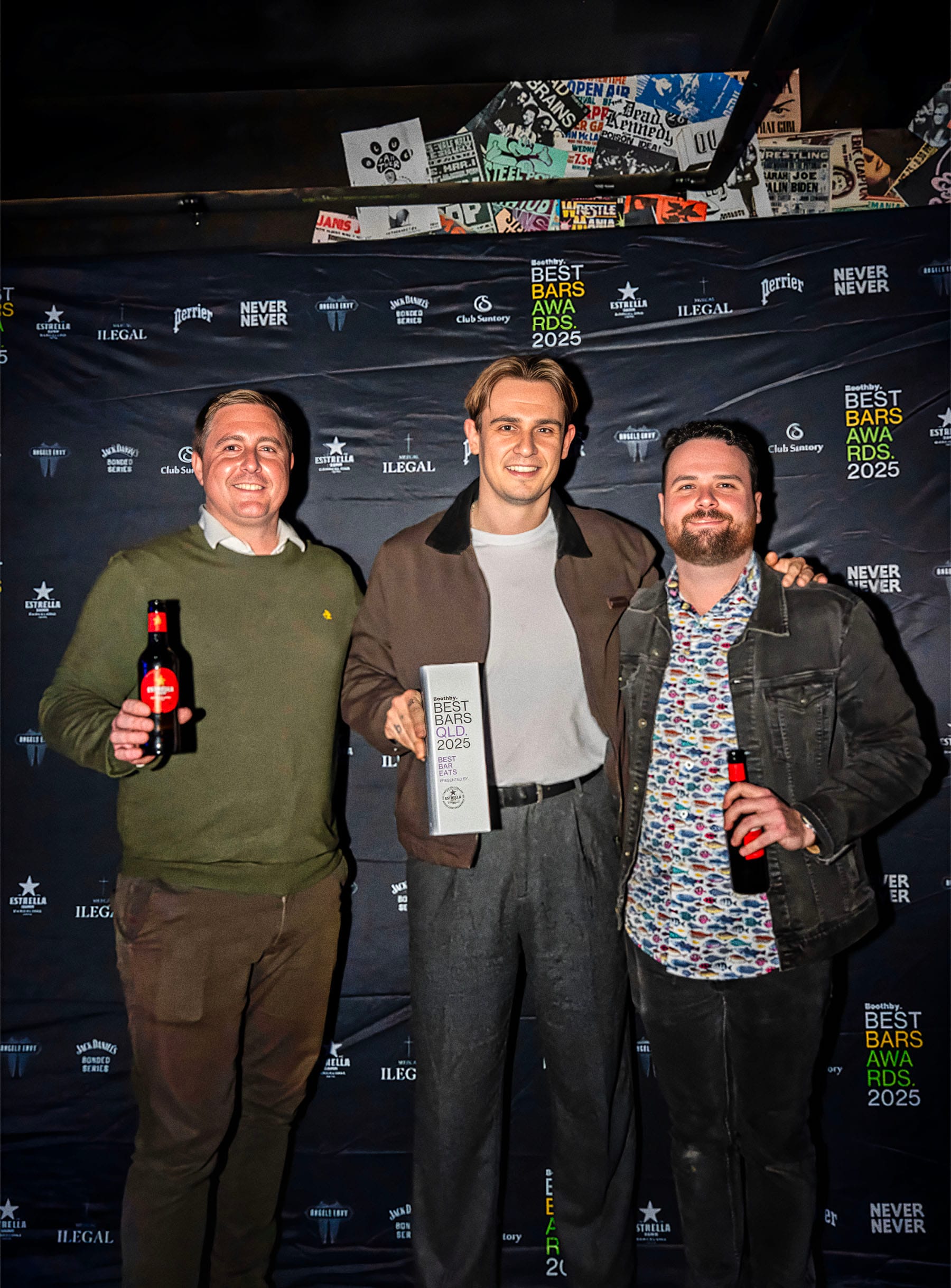 Estrella's Sean Forsyth (left) with George Curtis (centre) and Aidan Perkins of Milquetoast. Photo: Christopher Pearce/Bartenders' Weekender