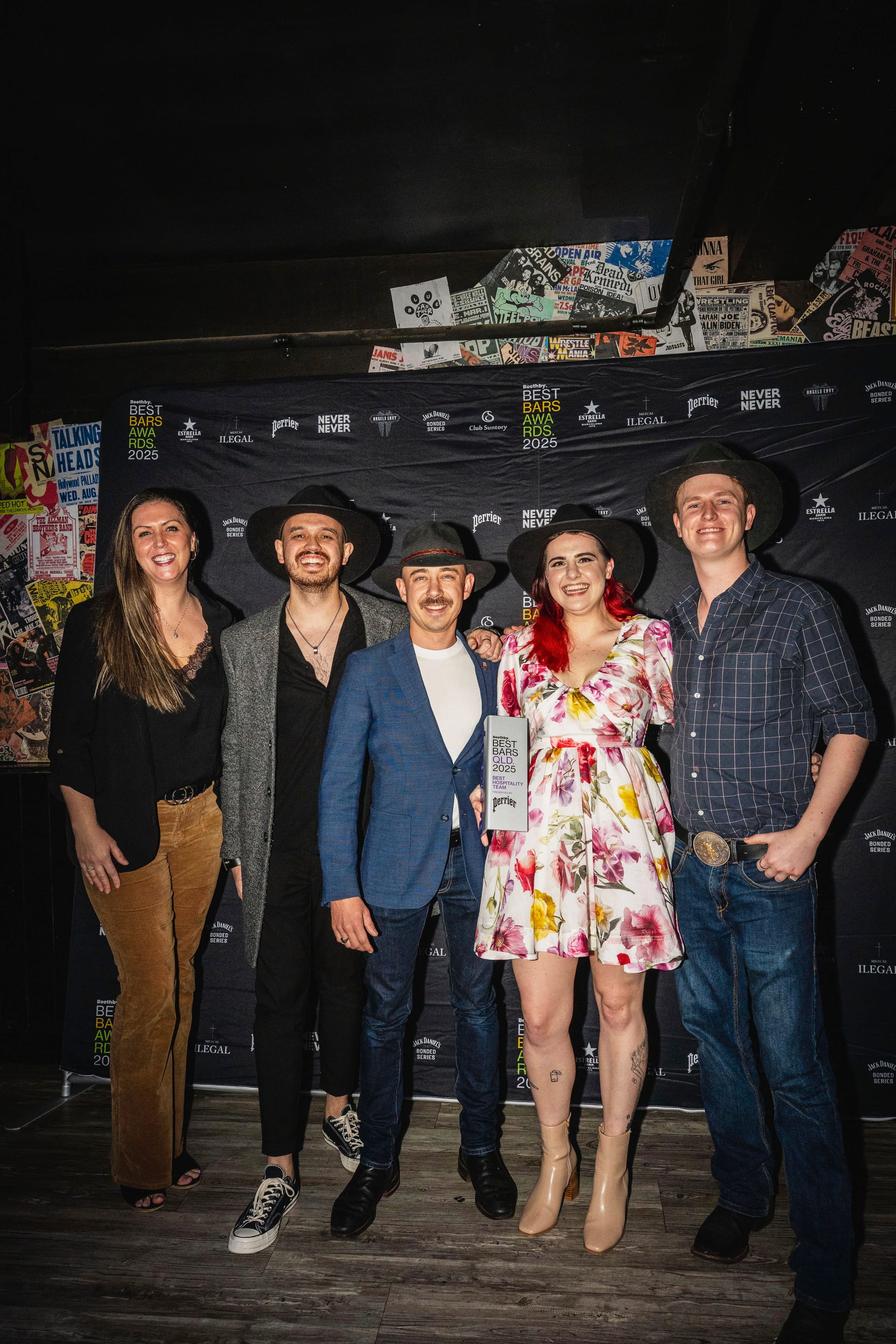 Samuel Russ (centre) and the Frog's Hollow Saloon team with Boothby' Lauren Barbato (left) on behalf of Perrier. Photo: Christopher Pearce/Bartenders' Weekender