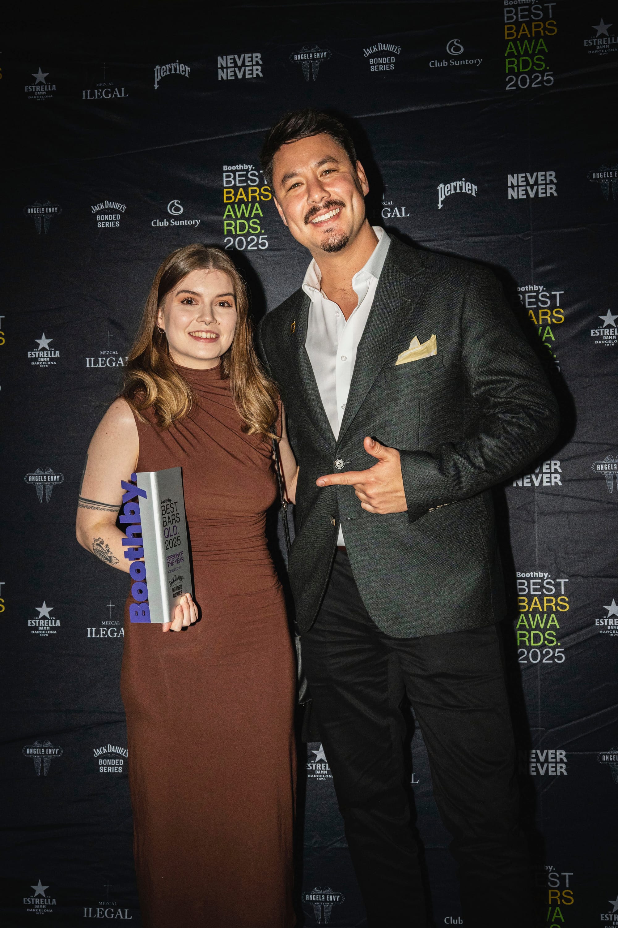 Corby Small was awarded the Person of the Year by Jack Daniel's Bonded ambassador Andy Tsai. Photo: Christopher Pearce/Bartenders' Weekender