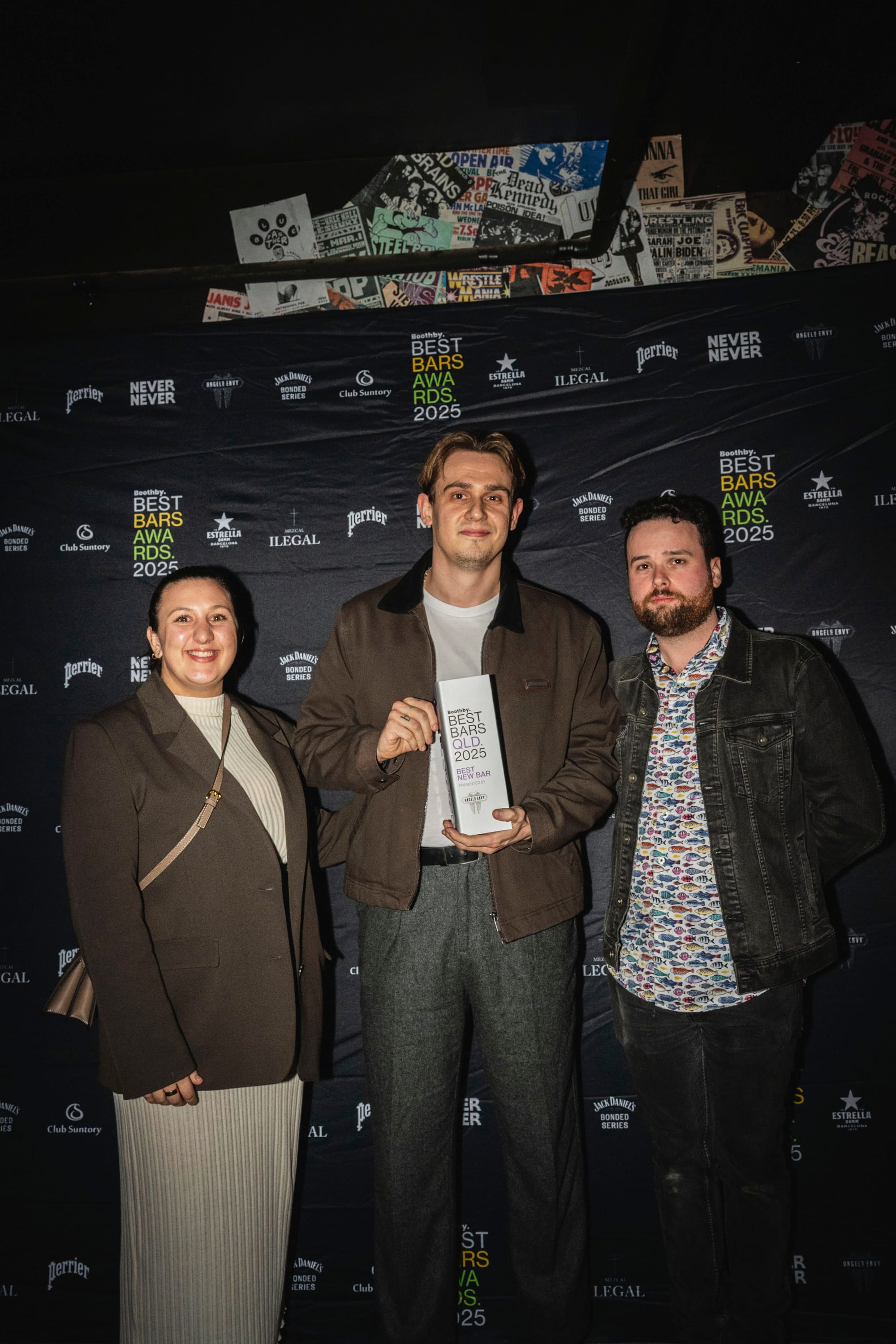 Angel's Envy ambassador Kayla Grigoriou with Milquetoast's George Curtis (centre) and Aidan Perkins. Photo: Christopher Pearce/Bartenders' Weekender