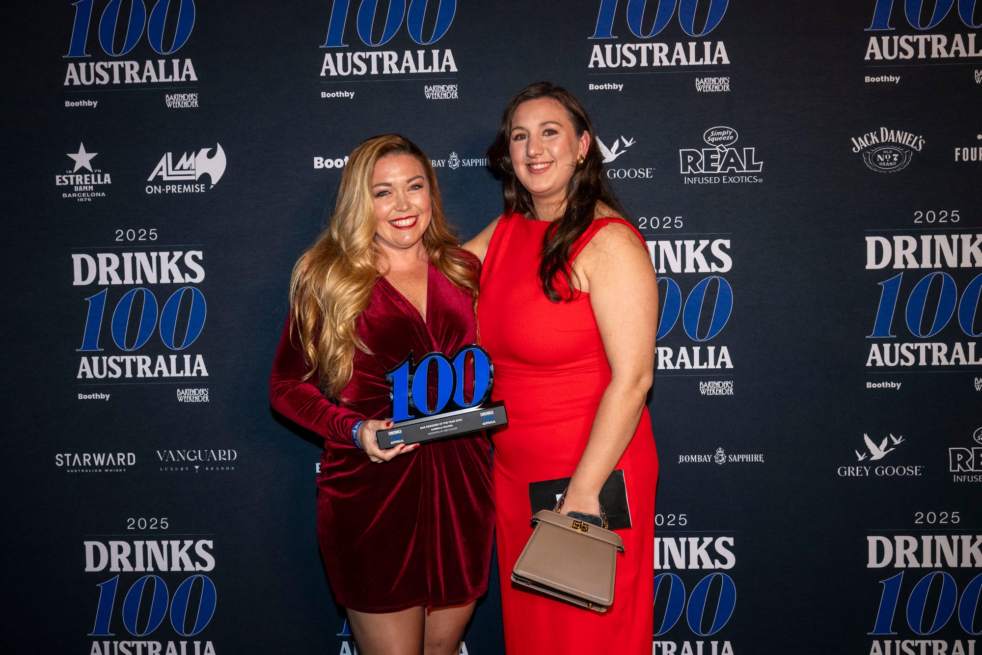 Gabrielle Walters (left) was awarded Bar Designer of the Year by Grey Goose's Kayla Grigoriou. Photo: Christopher Pearce/Bartenders' Weekender
