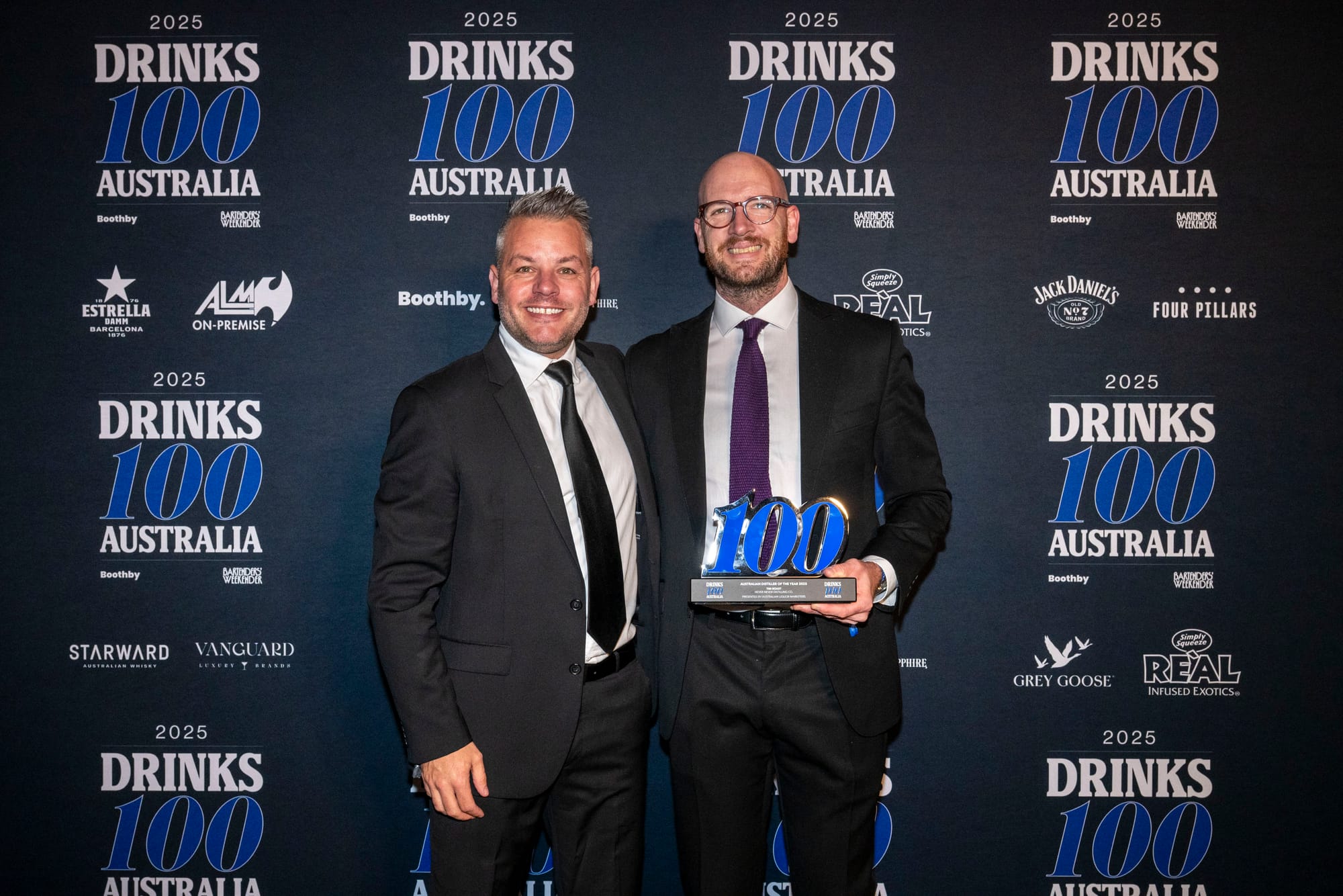 Tim Boast (right) was awarded Distiller of the Year by ALM's Shawn Elliott. Photo: Christopher Pearce/Bartenders' Weekender