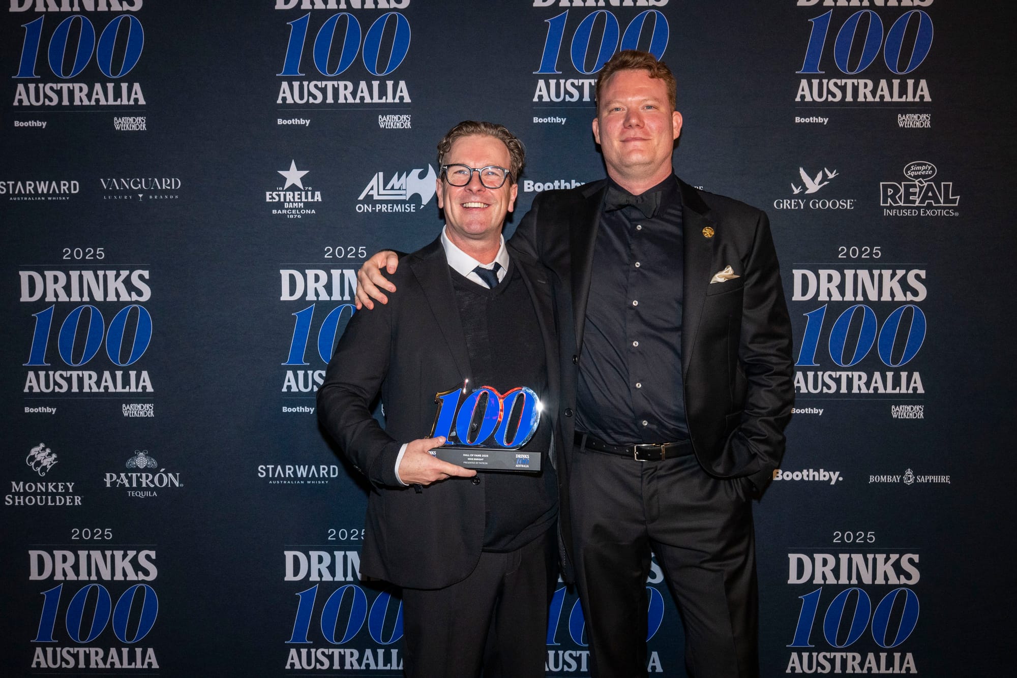 Mike Enright was awarded the Hall Of Fame by Patrón's Tristan Green. Photo: Christopher Pearce/Bartenders' Weekender