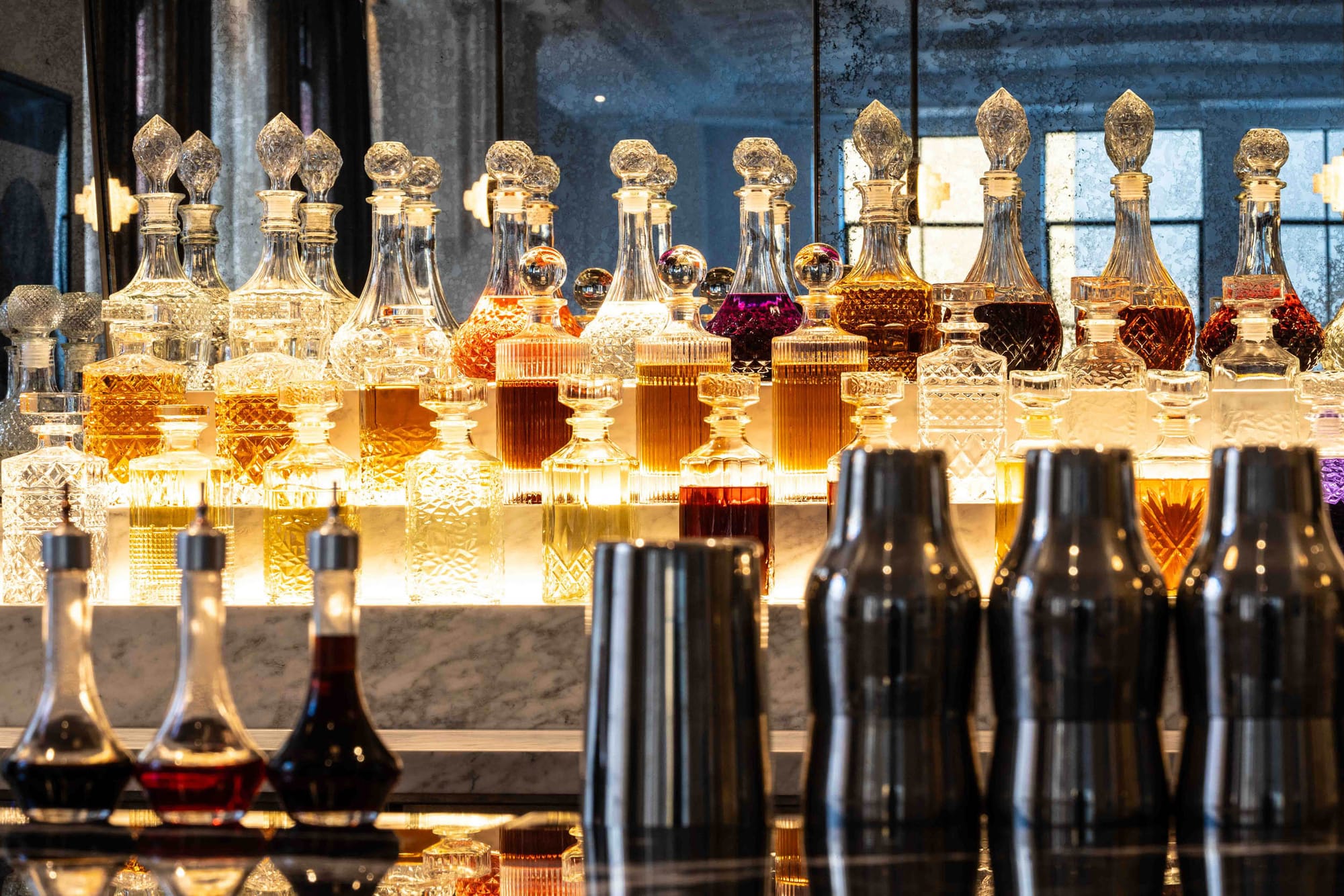 Spirits are stocked in decanters in The Lodge Dining Room. Photo: Fred Siggins