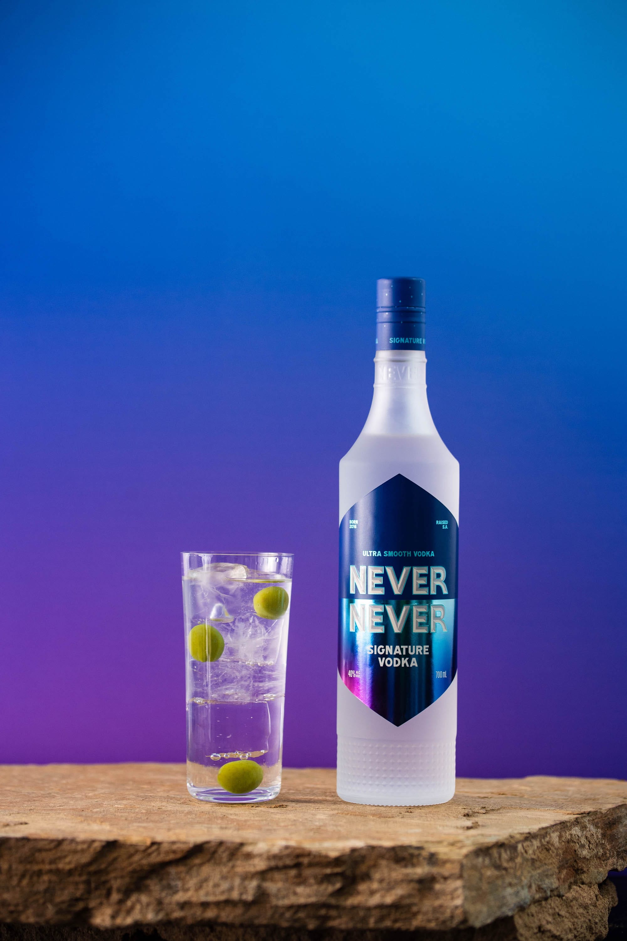 Never Never Signature Vodka and an Olive Brine Vodka Soda. Photo: Supplied