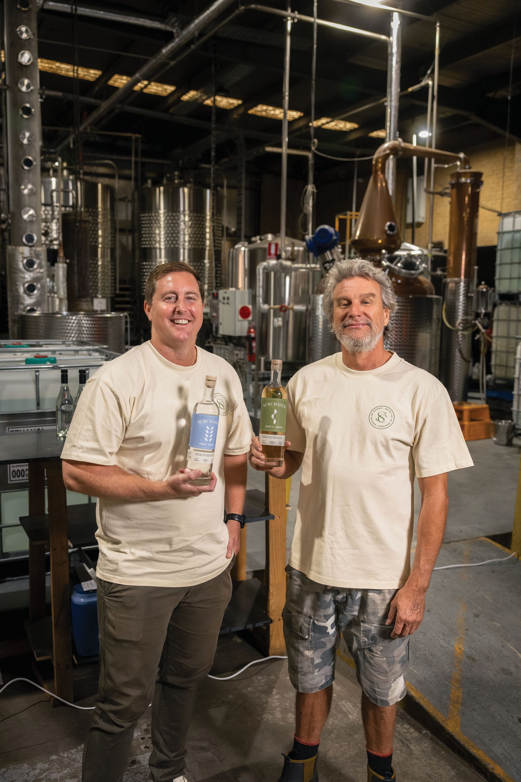 Sean Forsyth (left) with distiller Patrick Moore at the distillery. Photo: Supplied