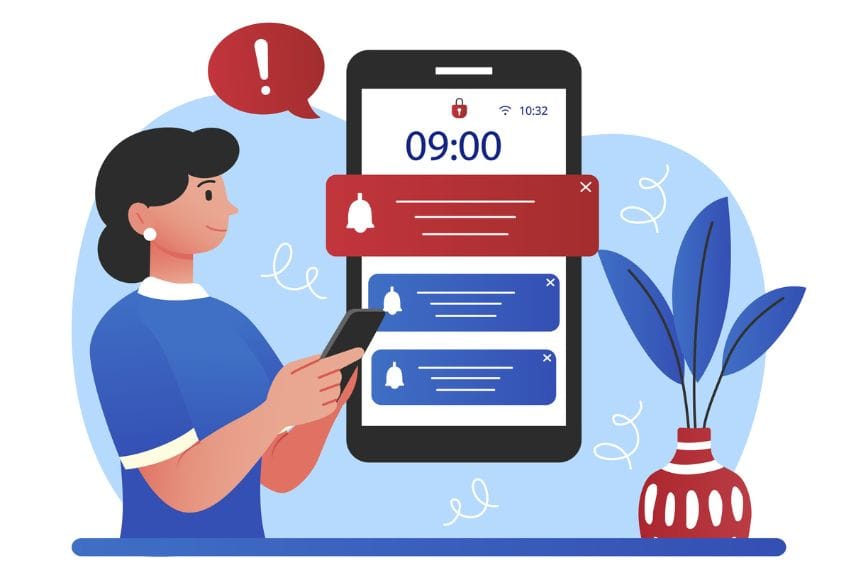 Woman with smartphone checks notifications in applications