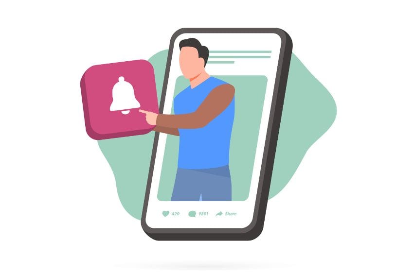 Blogger holding subscribe button with bell icon, encouraging viewers to press it