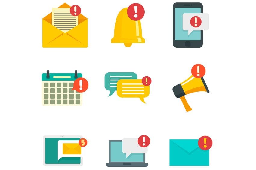 Flat set of notification icons isolated on white background