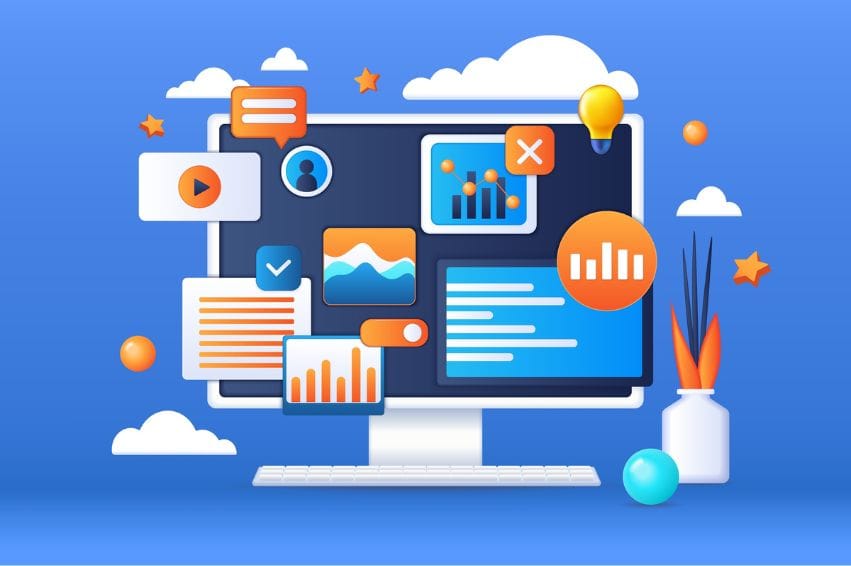 3d computer, web elements on pc screen