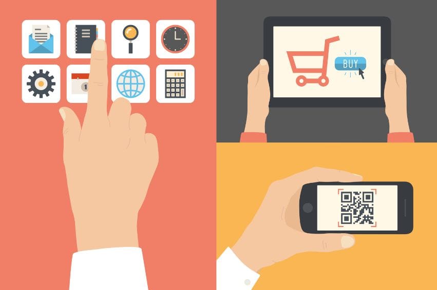 business icons apple iphone scanning qr-code online purchase on apple ipad and wireless e-commerce usage