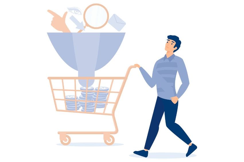 A businessman holding a shopping cart with money coin from sales funnel