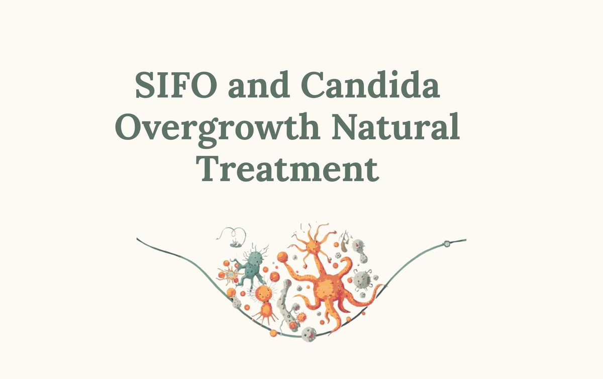 Graphic with the words: SIFO, Candida and natural treatment and a drawing of microorganisms