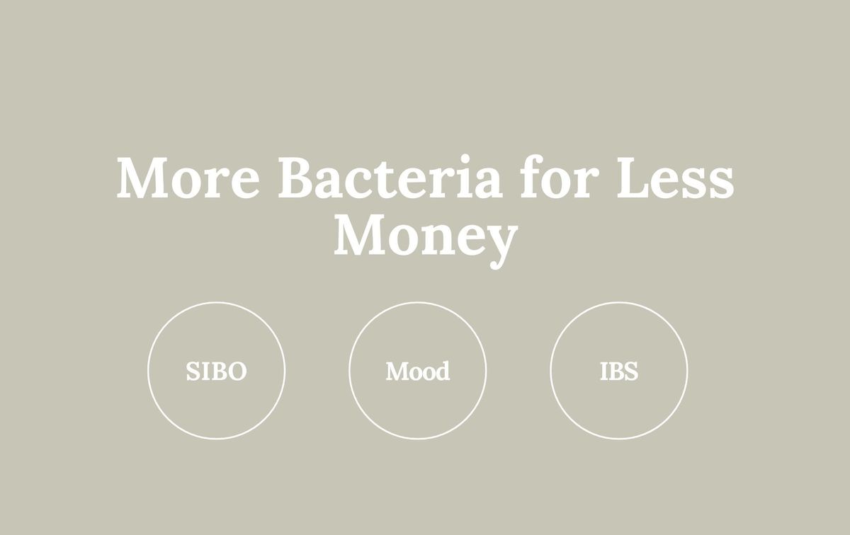 Graphic with the text: More Bacteria for Less Money, SIBO, Mood, IBS