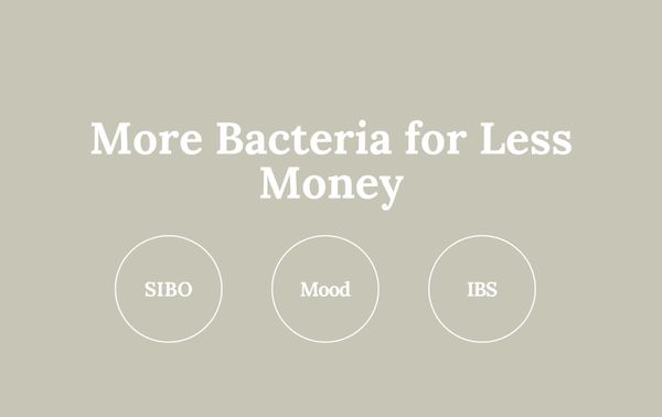 Graphic with the text: More Bacteria for Less Money, SIBO, Mood, IBS