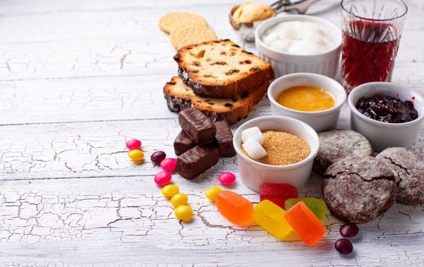 Cookies, brown sugar, biscuits, jam, chocolate, fruit jellies