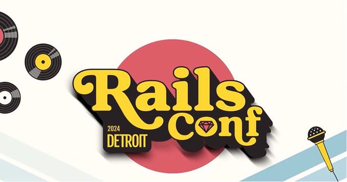 RailsConf 2024 Detroit conference logo in yellow and black with vinyl records and a microphone