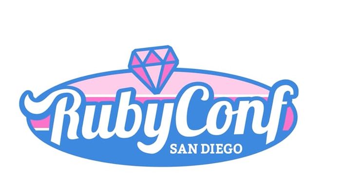 RubyConf 2023 San Diego conference logo in blue and pink with a diamond gem