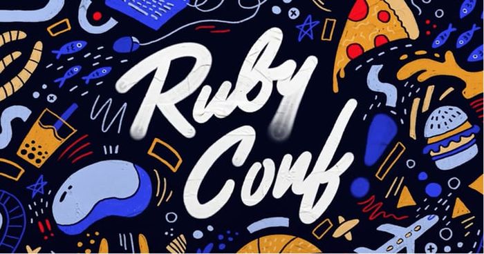 RubyConf 2024 Chicago conference logo with colorful illustrated doodles on a dark background