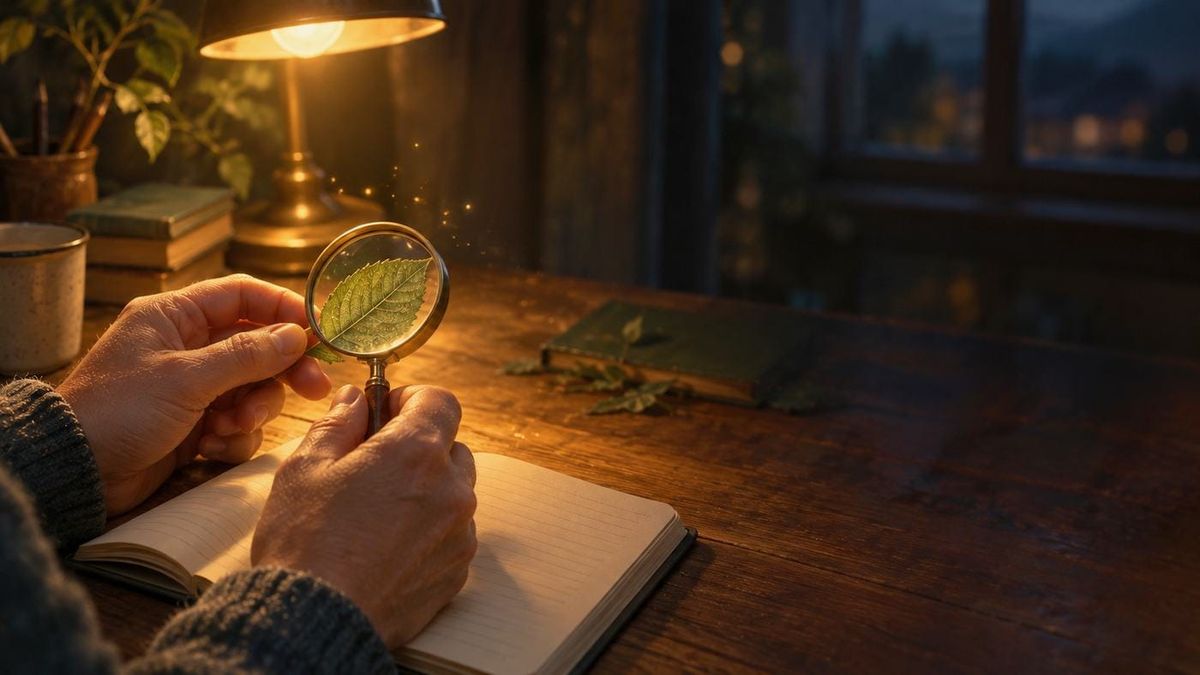 Mani con una lente d’ingrandimento su una foglia, sotto una lampada