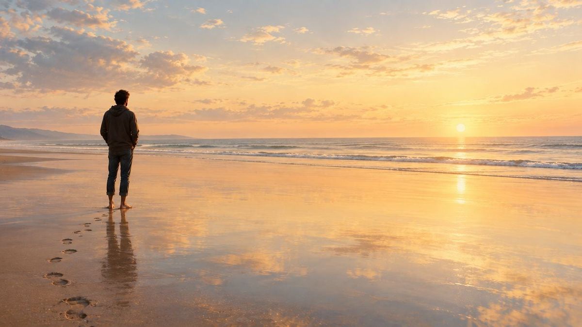 Persona in piedi a piedi nudi su una spiaggia all'alba, con le proprie impronte che svaniscono alle spalle