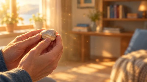 Due mani che tengono una conchiglia nella luce del mattino, vicino a una finestra