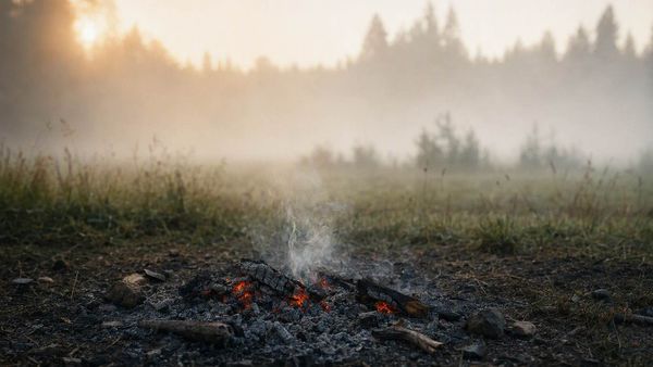 Le braci di un piccolo fuoco che si spegne in una radura, con un filo di fumo che sale nella nebbia del mattino.