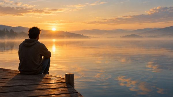 Persona seduta su un molo al sorgere del sole, davanti a un lago calmo