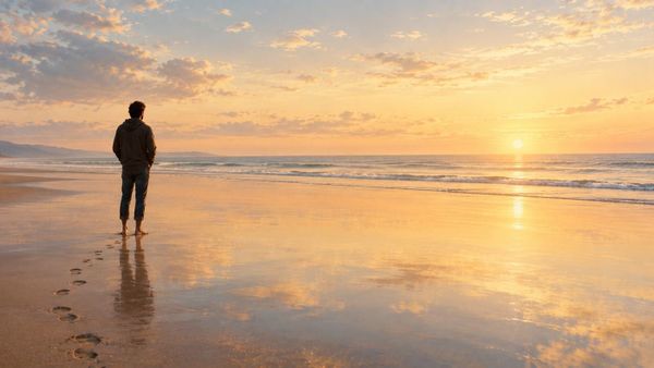Persona in piedi a piedi nudi su una spiaggia all'alba, con le proprie impronte che svaniscono alle spalle
