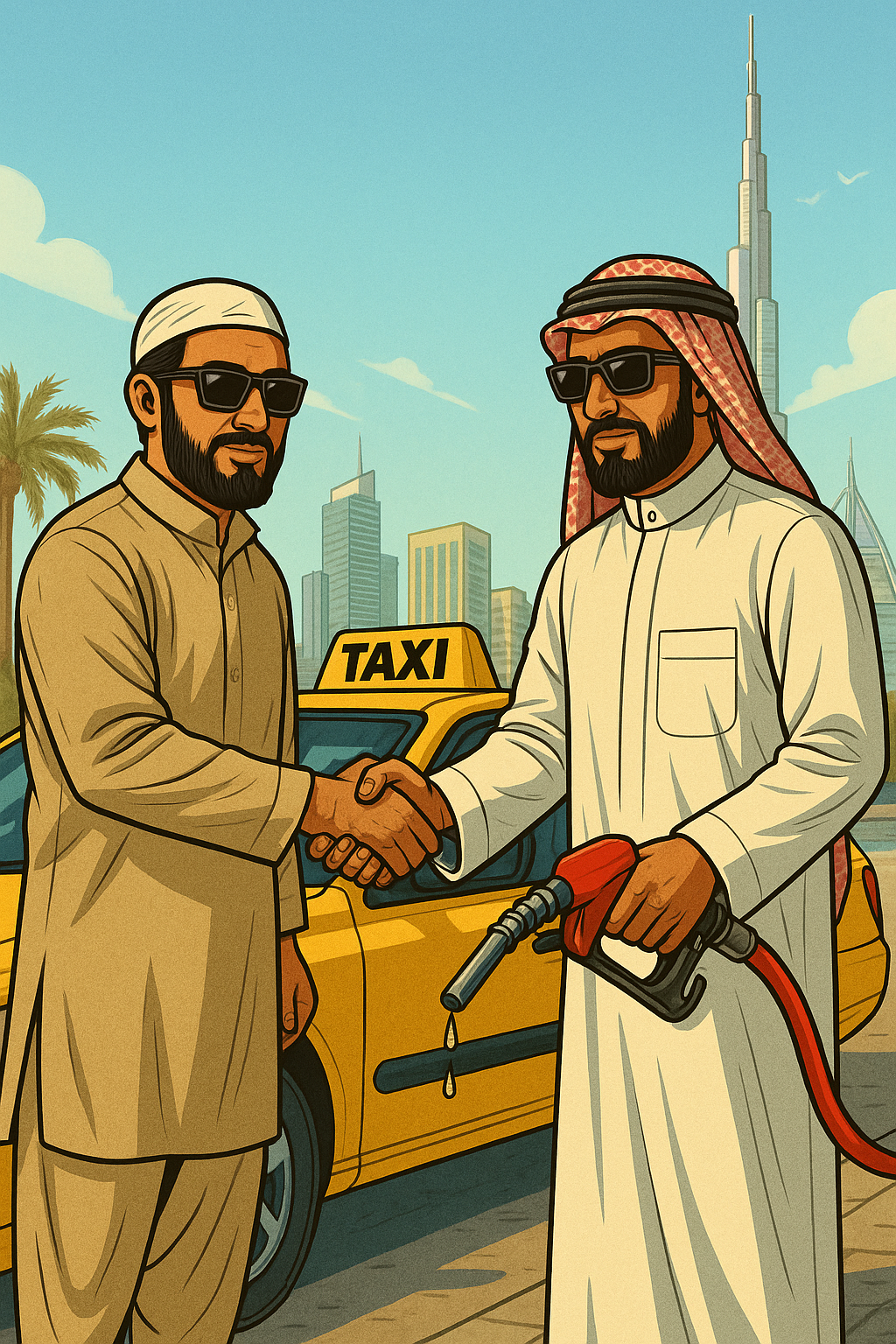 Businessman holding a gas pump shaking hands with a taxi driver, symbolizing the business deal of shared profits for providing capital to support work.