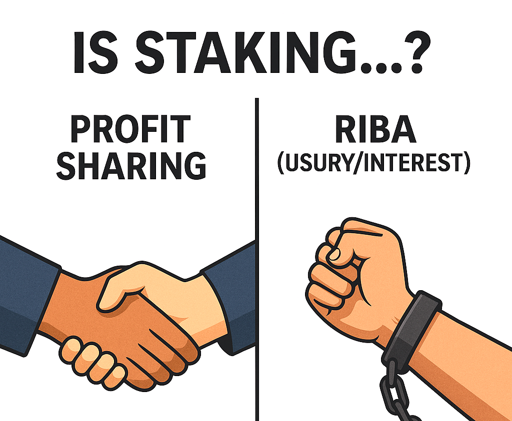 Is Staking Profit Sharing (with two hands shaking in partnership) or is it riba (aka interest or usury, with a hand handcuffed and chained).