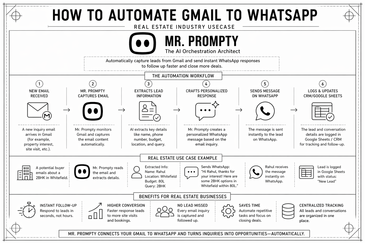 Mr. Prompty dashboard showing the Live Watch functionality as an AI agent processes a real estate lead from Gmail to WhatsApp in real-time.