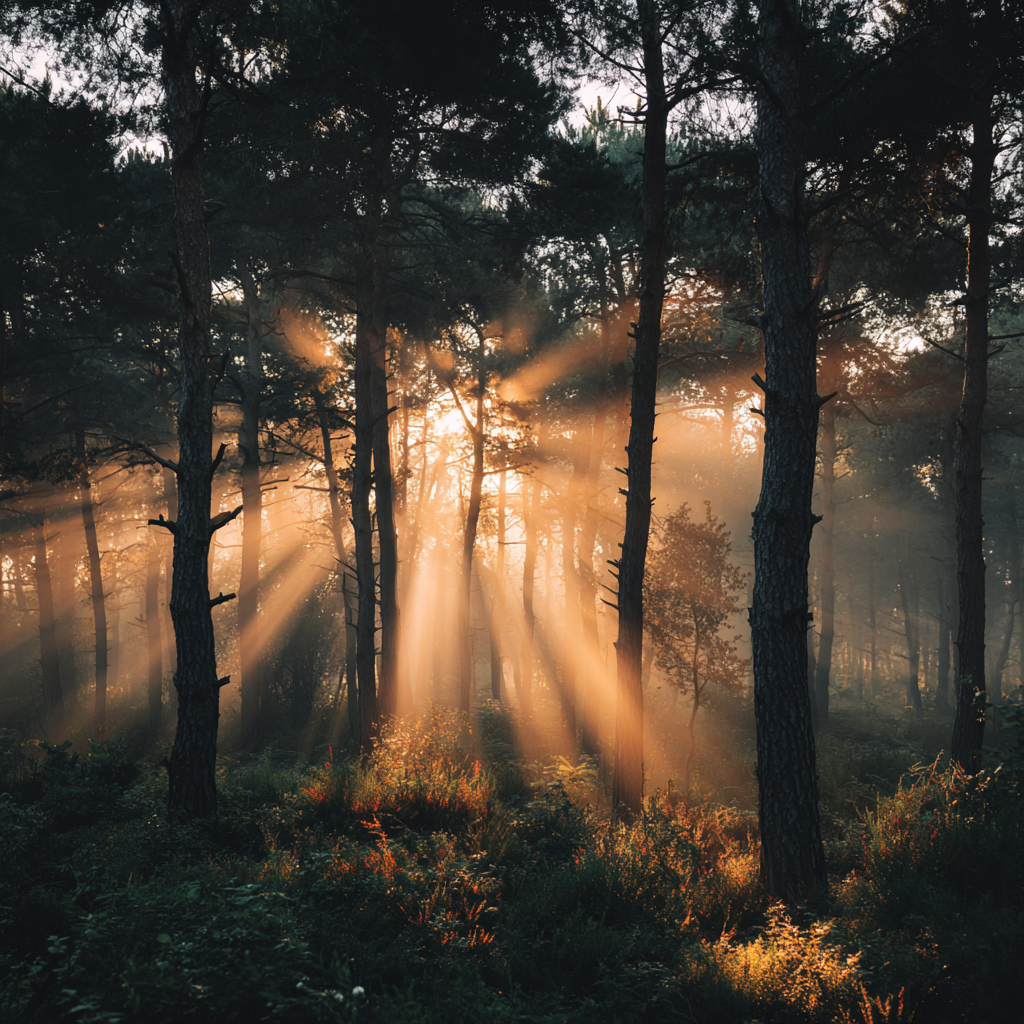 Misty forest with filtered sunlight creating visible energy patterns, representing the field of consciousness that connects all beings