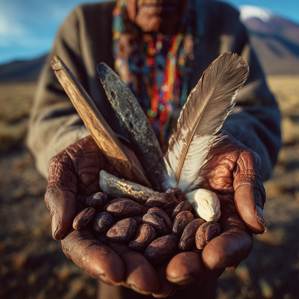 Weathered indigenous hands cupping cacao beans, feathers, and ceremonial stones against mountain landscape in golden light