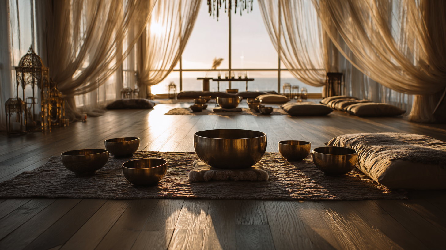Crystal singing bowls arranged in sacred geometry at Mediterranean cliffside sound healing sanctuary with golden hour lighting over Aegean Sea