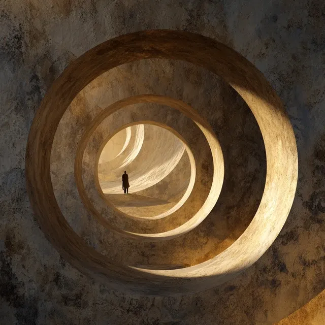 Silhouette walking through a spiral stone passage toward light, symbolizing awakening, expansion, and emerging into higher awareness.