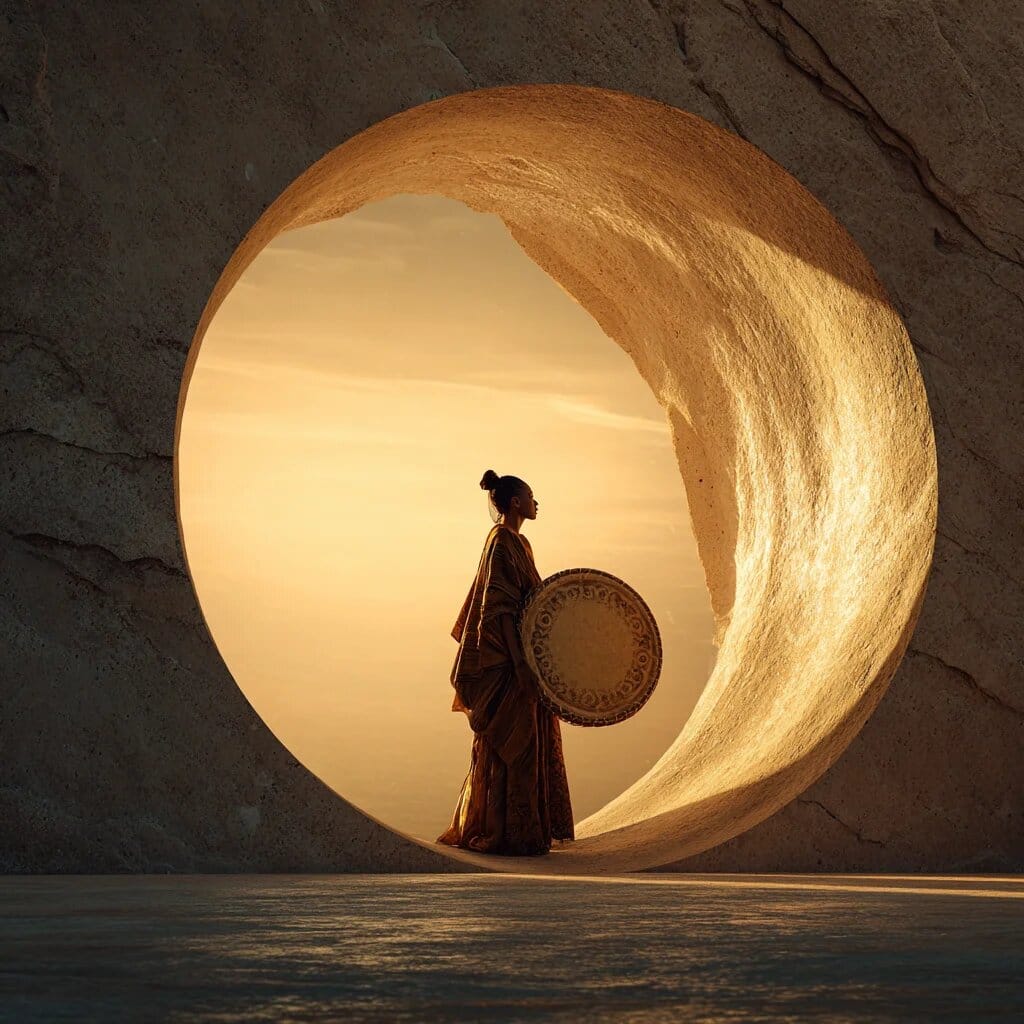 Woman standing inside a golden circular doorway, symbolizing remembering, clarity, and returning to inner truth.