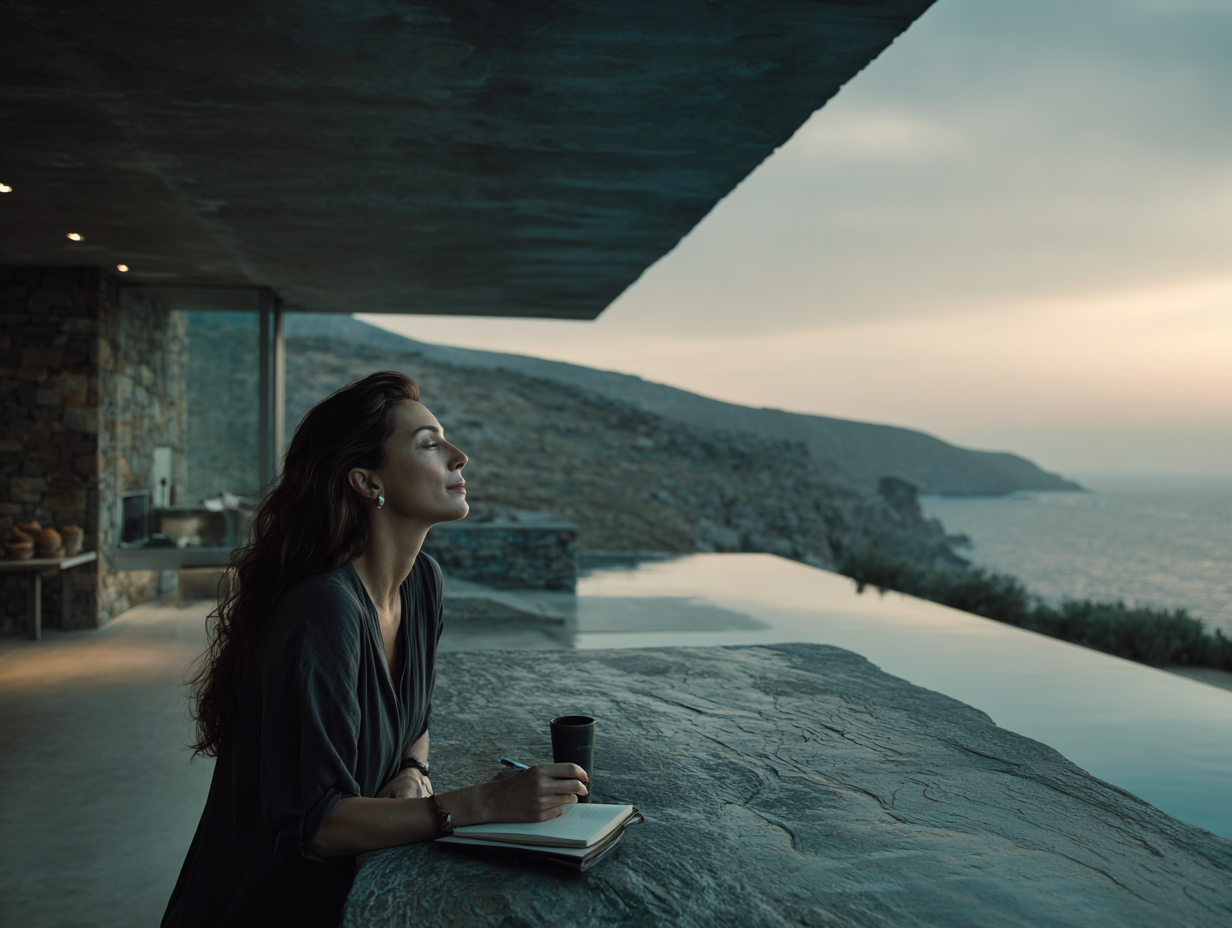 HHigh-end lifestyle image of a woman seated at a large stone table overlooking a serene landscape