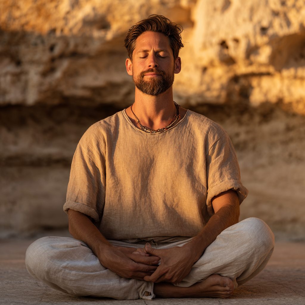 Man sitting in meditation, grounding insights into embodied action, symbolizing integration and returning teachings to daily life.