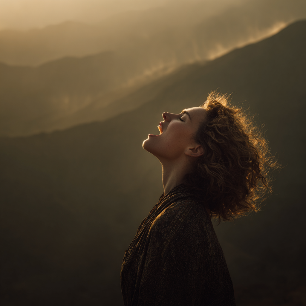 Woman exhaling upward into open air, representing emotional release, letting go, and freeing what no longer needs to be carried.