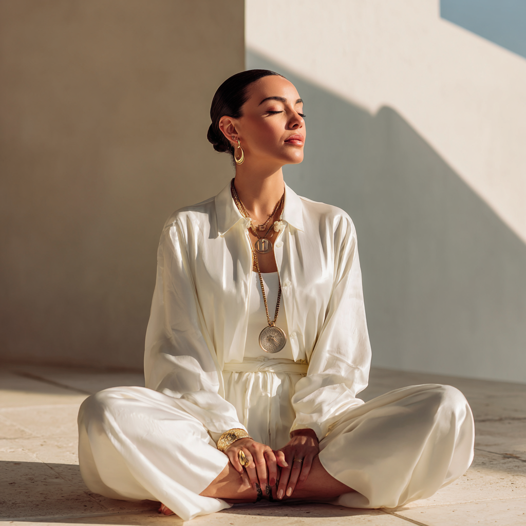Sophisticated woman in flowing designer white clothing sitting in meditation