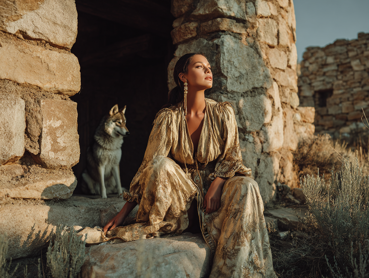  a woman's silhouette in profile against a golden hour desert horizon